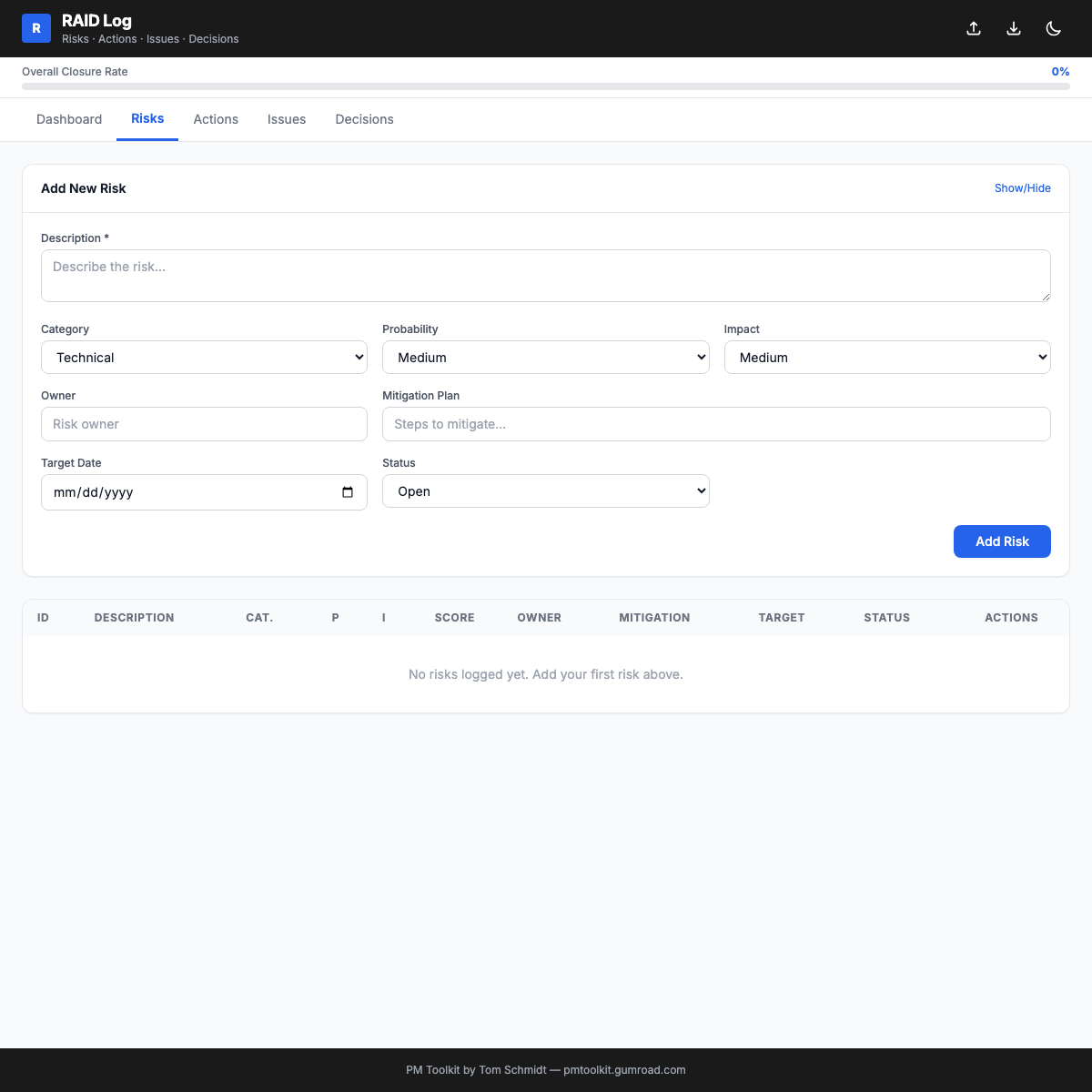 RAID Log interactive view 2