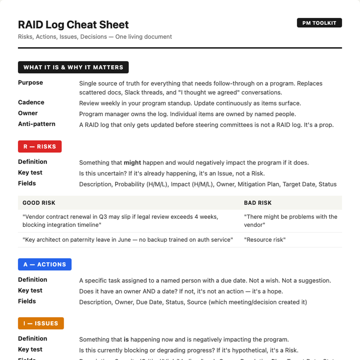 RAID Log template preview