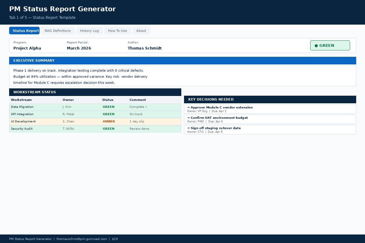 PM Status Report template preview